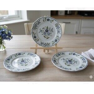 Set of 3 Vintage French Faience Blue Floral Scalloped Dessert Plates 8”